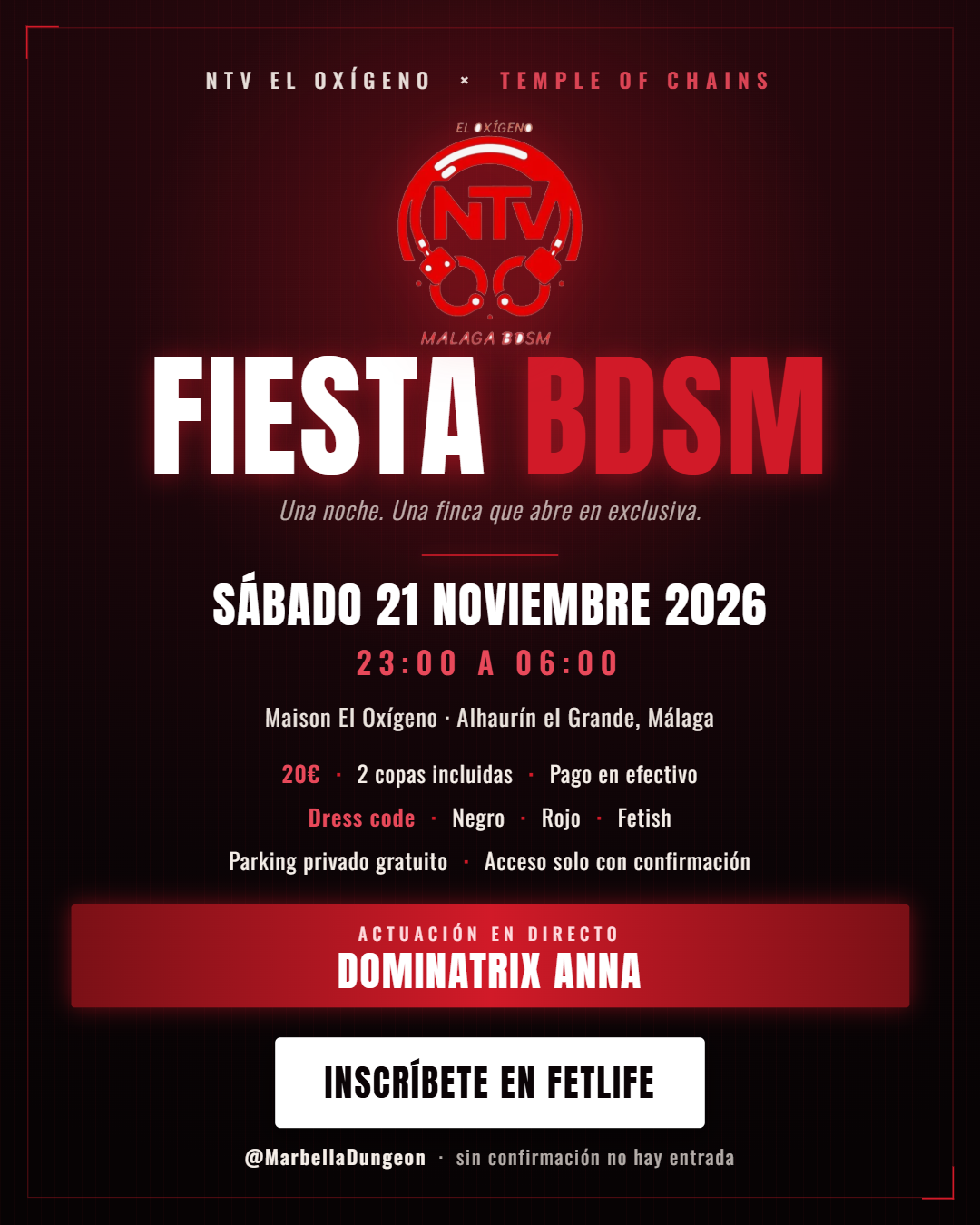 Cartel de la fiesta BDSM NTV El Oxígeno x Temple of Chains en Alhaurín el Grande, Málaga